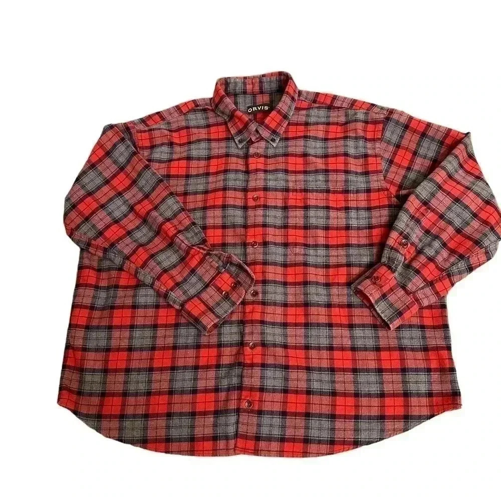 ORVIS 100% Cotton Red Gray Plaid Button Front Long Sleeve Flannel Men’s XXL